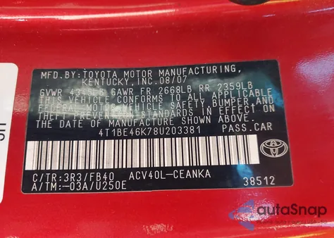 2008 Toyota Camry Le from USA, damaged, VIN 4T1BE46K78U203381